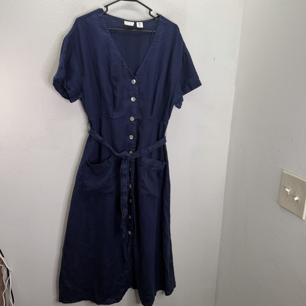 Rachel Zoe 100% Linen Dress XL Boho Midi Shirt Tie Waist Button Up Cottagecore